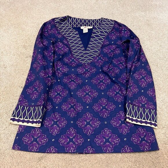 Vineyard Vines Blouse Tunic Purple Blue White Long Sleeve Women’s Size 4 - Picture 1 of 10
